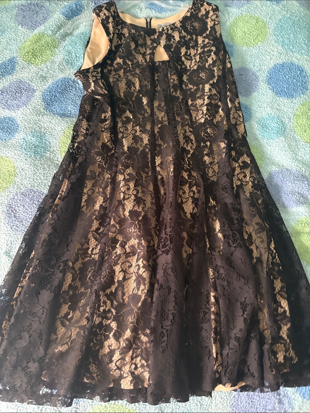 Black Lace Overlay Gold Satin Fit & Flare Dress